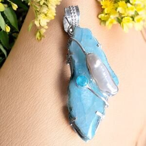 Natural Blue Quartz Pendant with Pearl, Bluer Topaz & Sterling Silver Chain